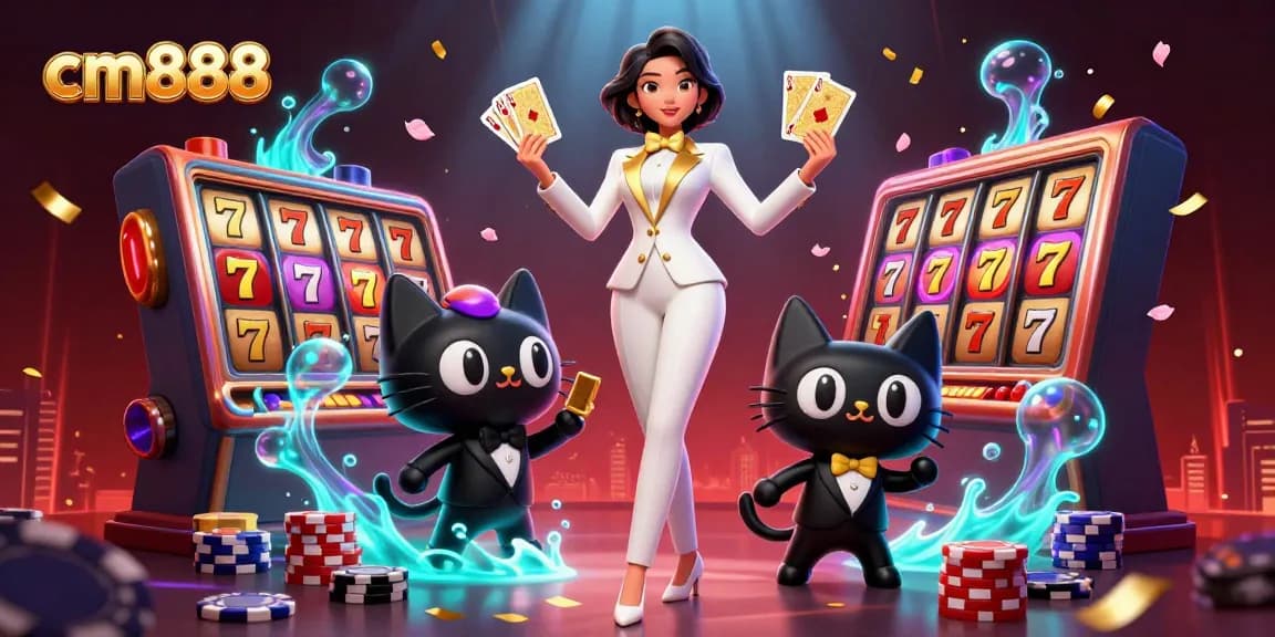 Win big with cm888 at an exciting casino scene featuring slot reels and playful characters.