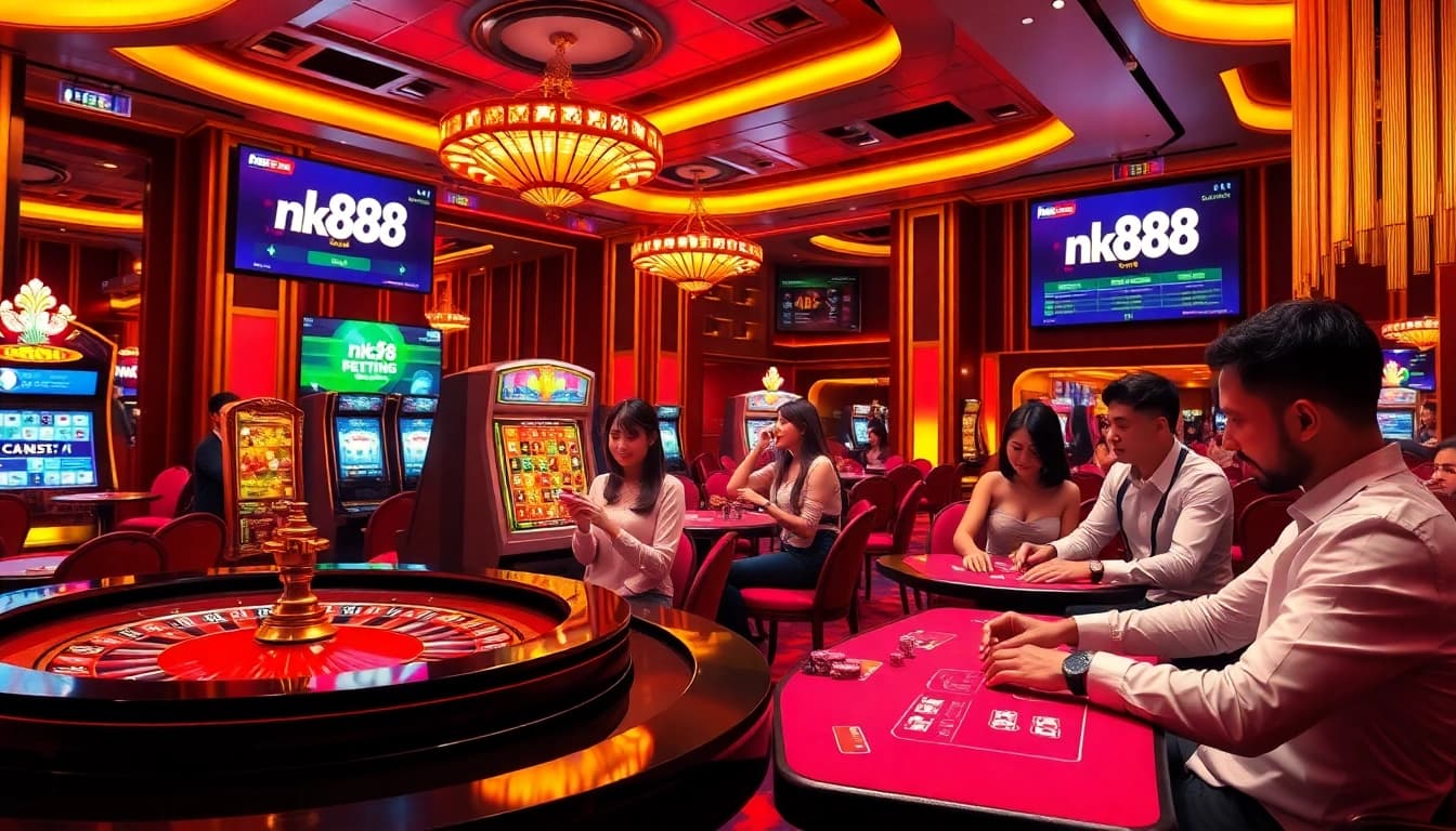 Excited players betting on the nk88 platform in a luxurious casino setting.