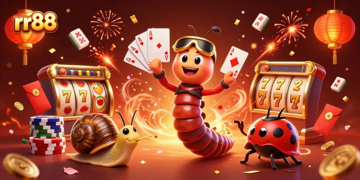 Spin and win at rr88 with vibrant slot reels, a dealer, and colorful gaming elements.