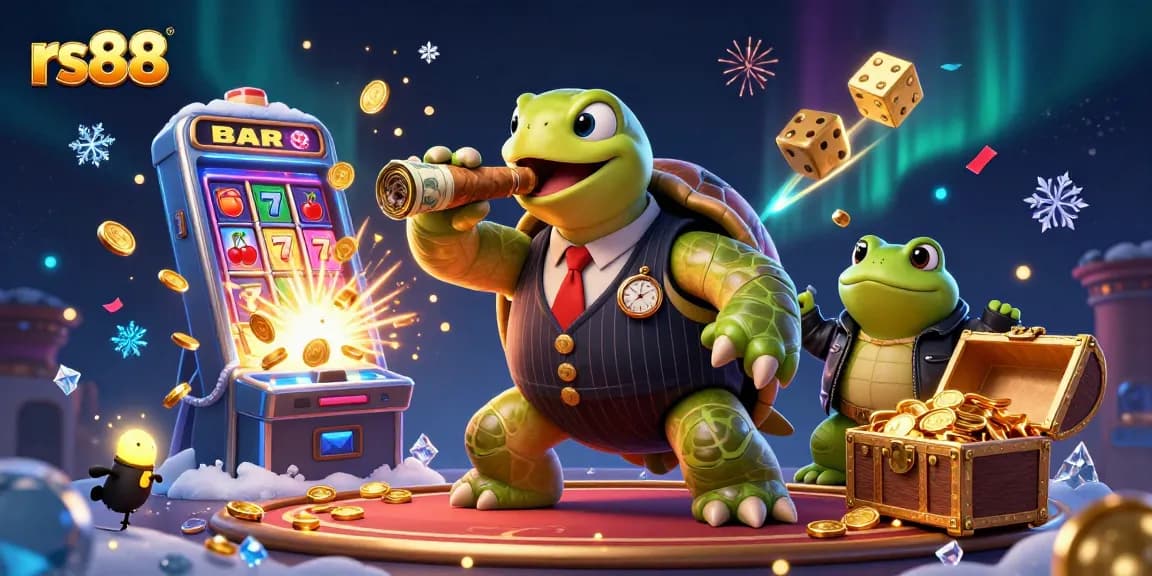 Experience thrilling gameplay with rs88 as a casino turtle mascot surrounded by vibrant slot elements.