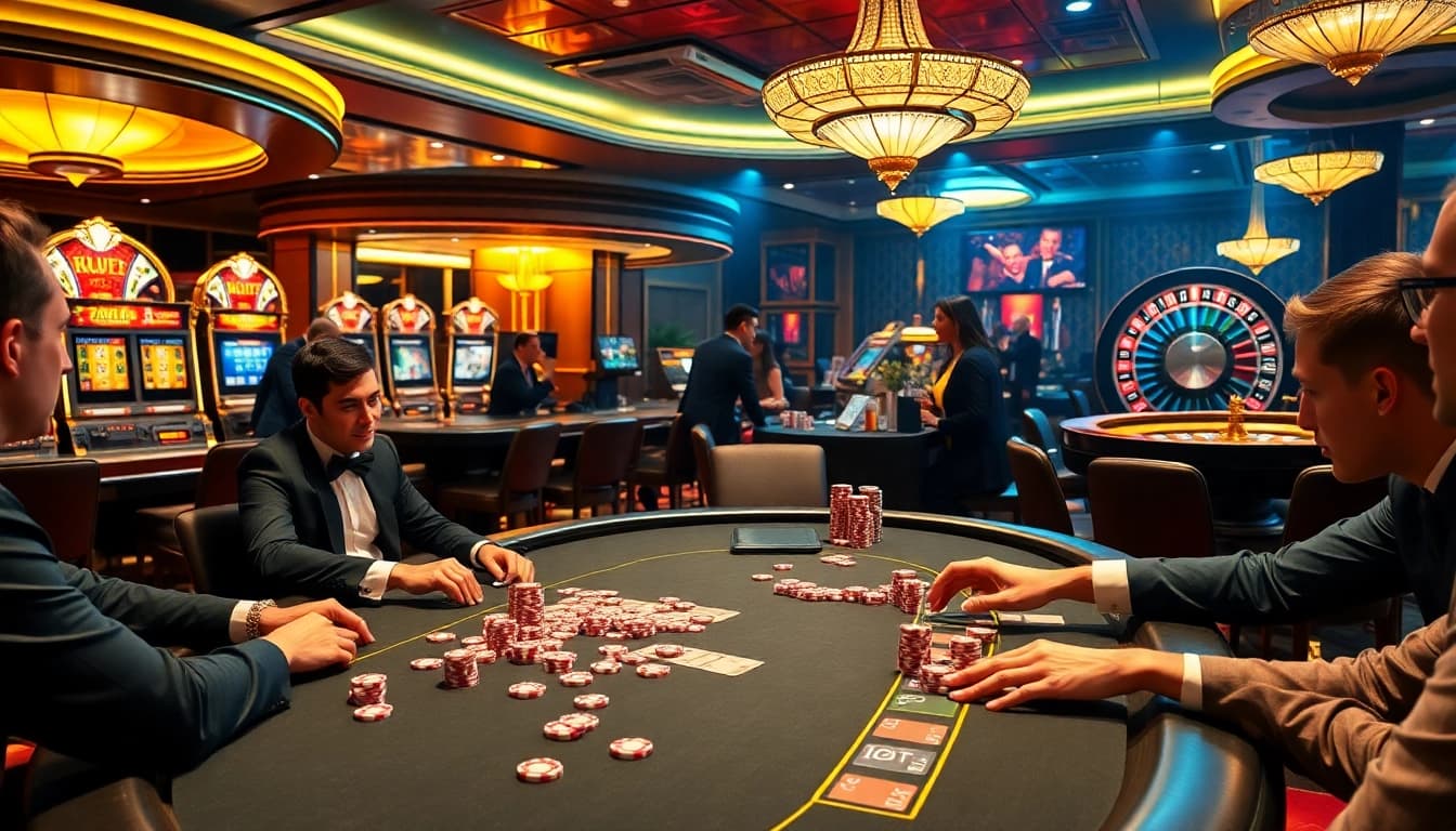 Players at a high-stakes poker table in a luxurious casino setting showcasing typhu88.