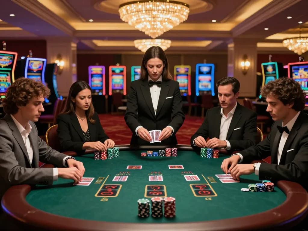 Players strategizing at a blackjack table in a lavish casino atmosphere, river4 thrills enhance gaming experience.