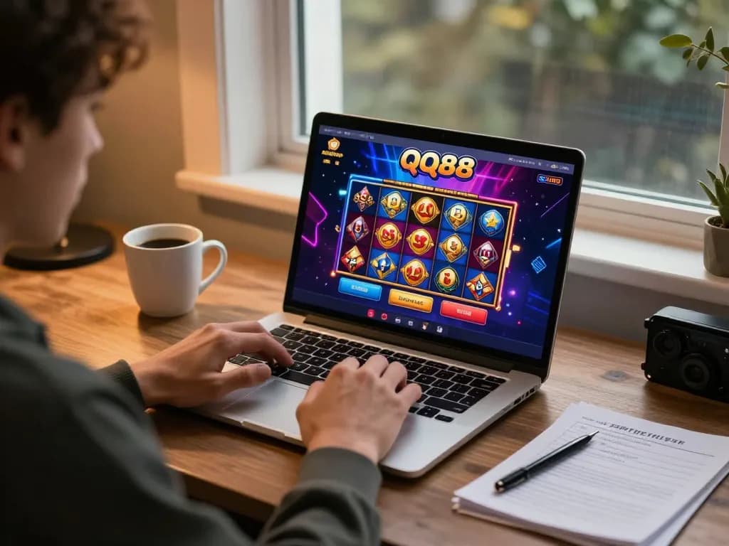Engaging with QQ88's online casino platform, a player explores vibrant slots and strategic opportunities.