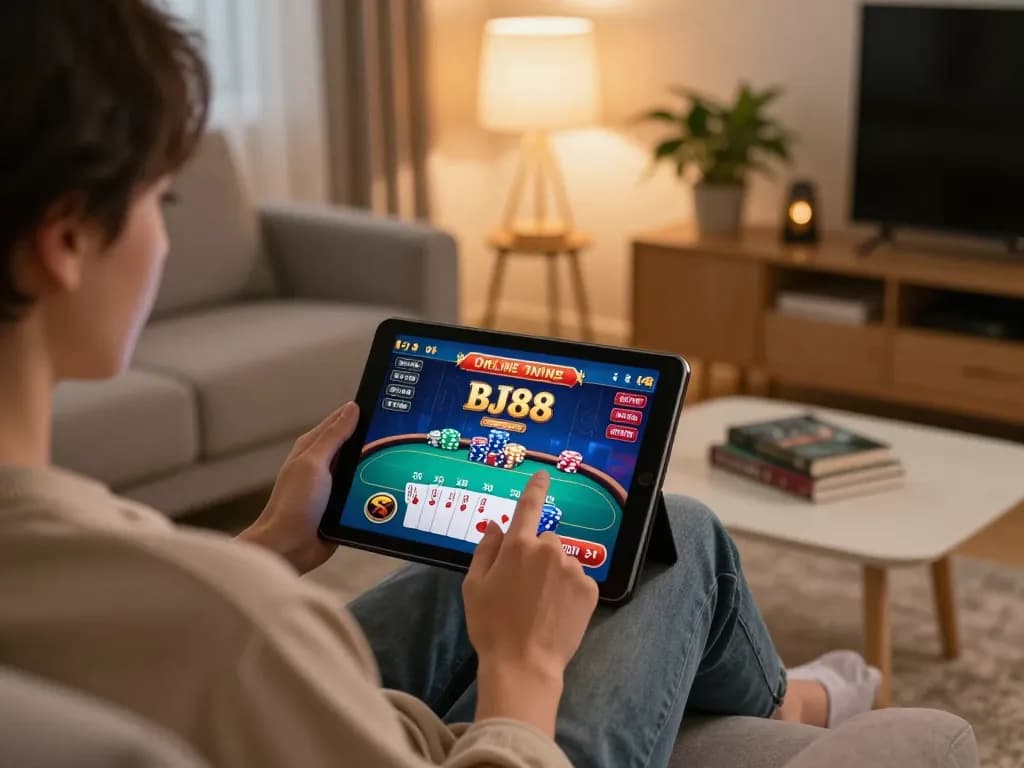 Player engaging in BJ88 online casino gaming on a tablet in a cozy home setting
