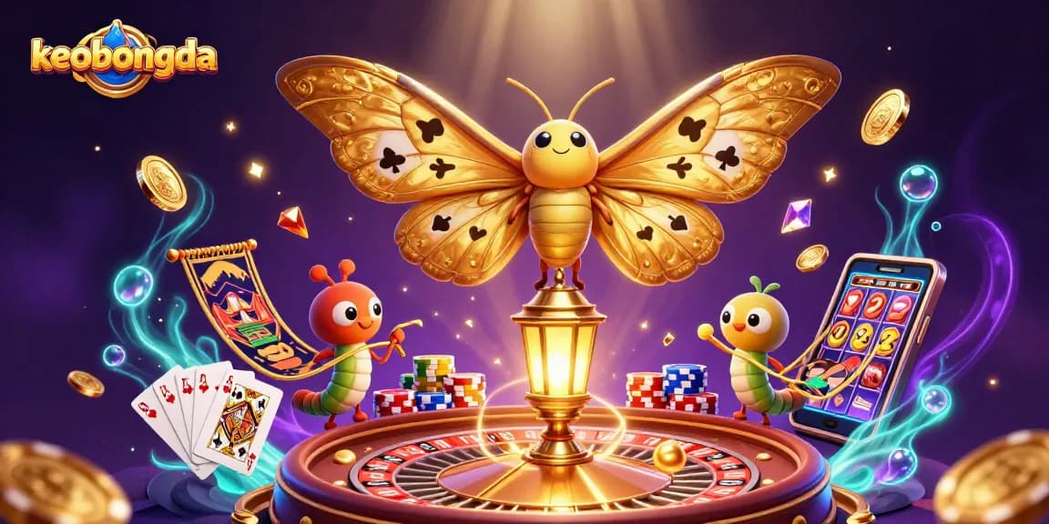 Engage with keobongda's dynamic gaming scene featuring a vibrant 3D illustration of a moth and casino treasures.