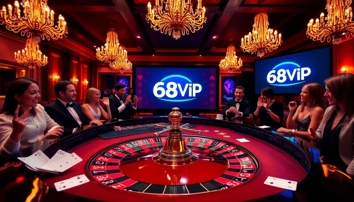 Experience thrilling action at 68VIP casino with players engaged around a roulette table.