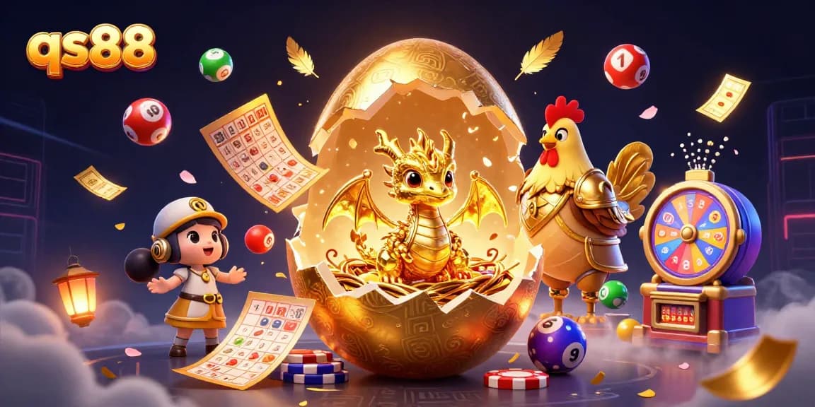 Experience the excitement of qs88 as a golden dragon guards a nest of poker chips, surrounded by vibrant lottery elements.