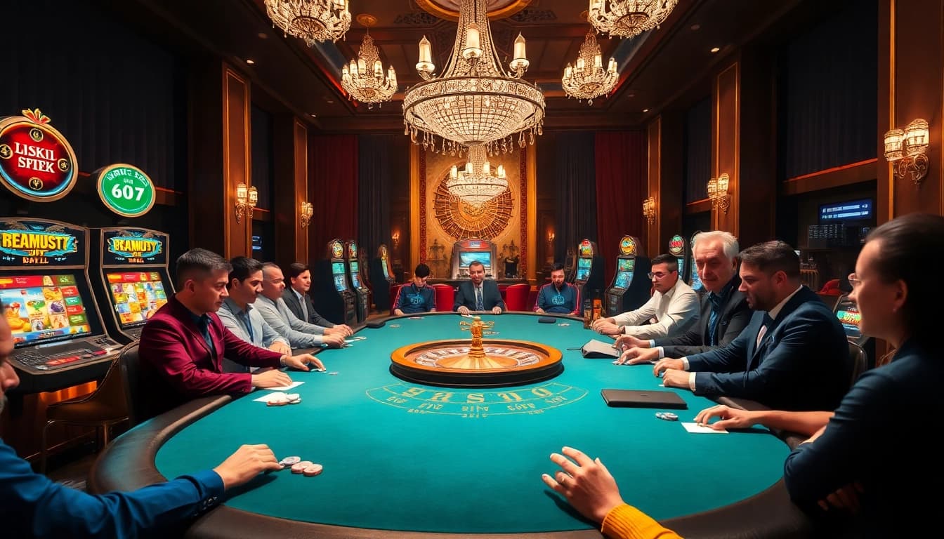 Thrilling poker game at a 789bet casino table with professional players engaged in action.