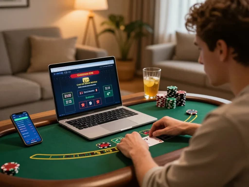 Kuwin player engaging in live dealer blackjack at home with a laptop showing the game interface.