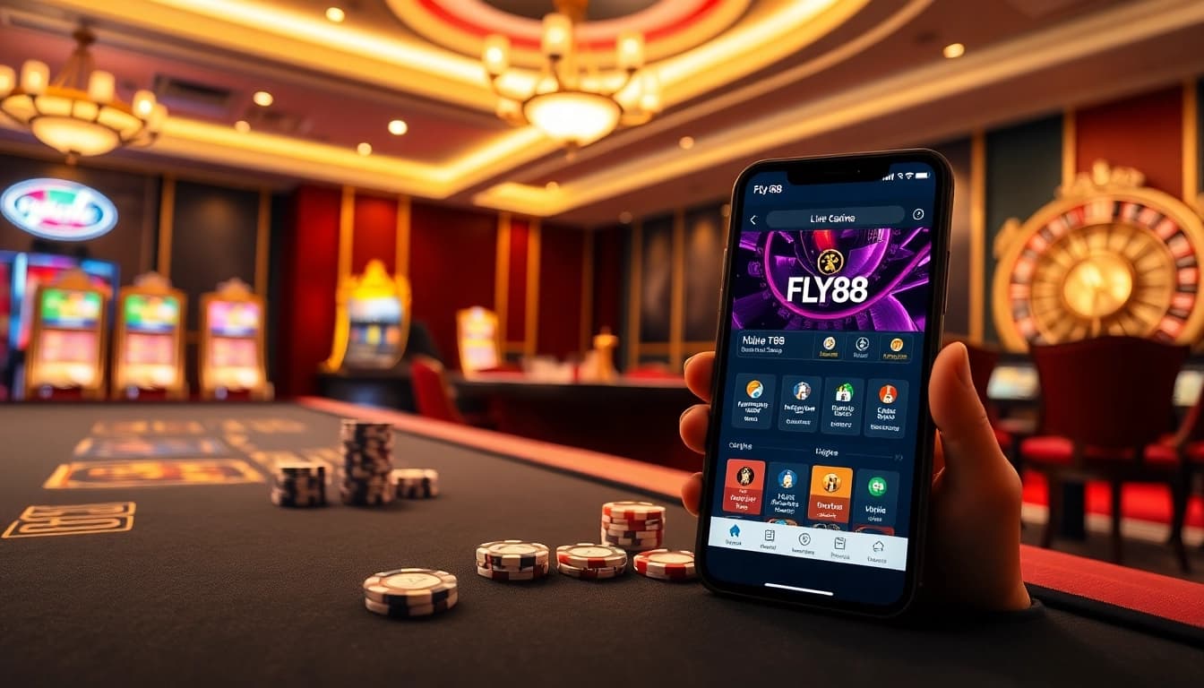 Exciting casino action at nhà cái fly88 with vibrant slot machines and poker chips.