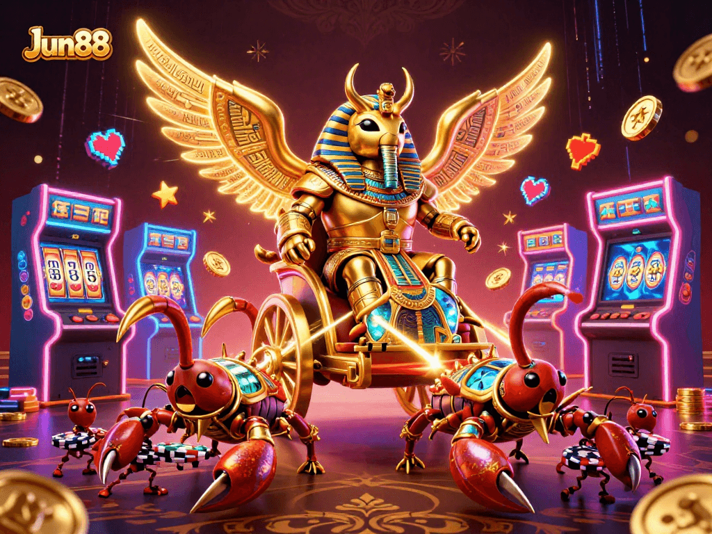Engage with Jun88's vibrant gaming experience featuring a dramatic scene of a golden scarab beetle