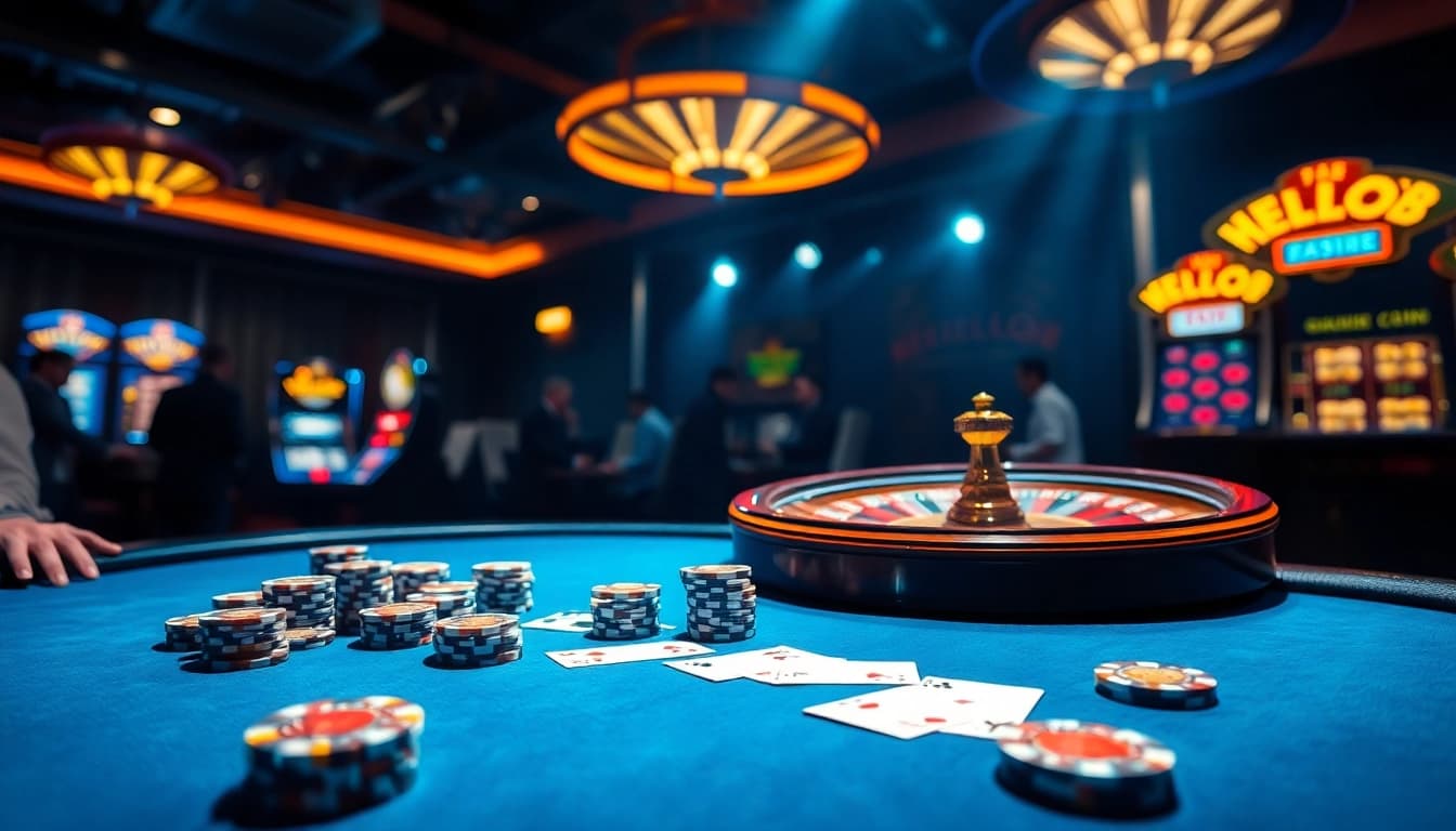 Players enjoying a thrilling game at the HELLO88 casino, with vibrant tables and exciting atmosphere.