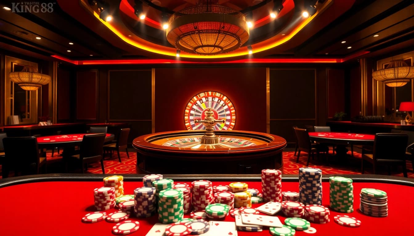 Players enjoying the luxurious gaming experience at king 88 with roulette and poker tables.