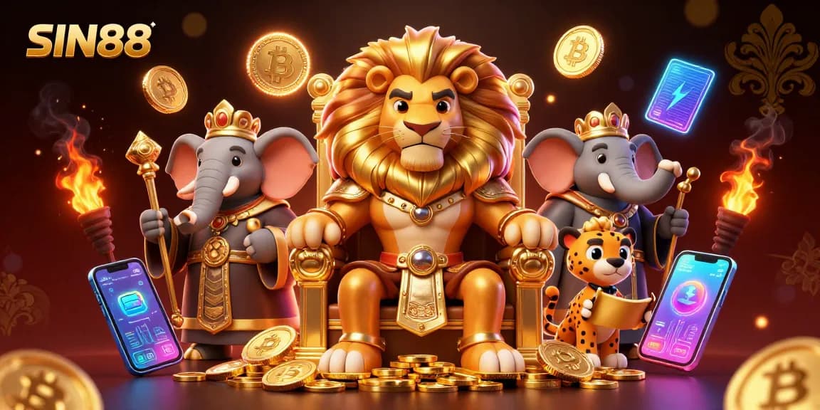 SIN88 betting scene with a royal lion, wise elephant, and swift cheetah in an extravagant casino environment.