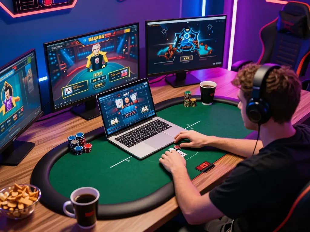 Player strategizing in online poker game at laptop, showcasing engaging atmosphere for FC88