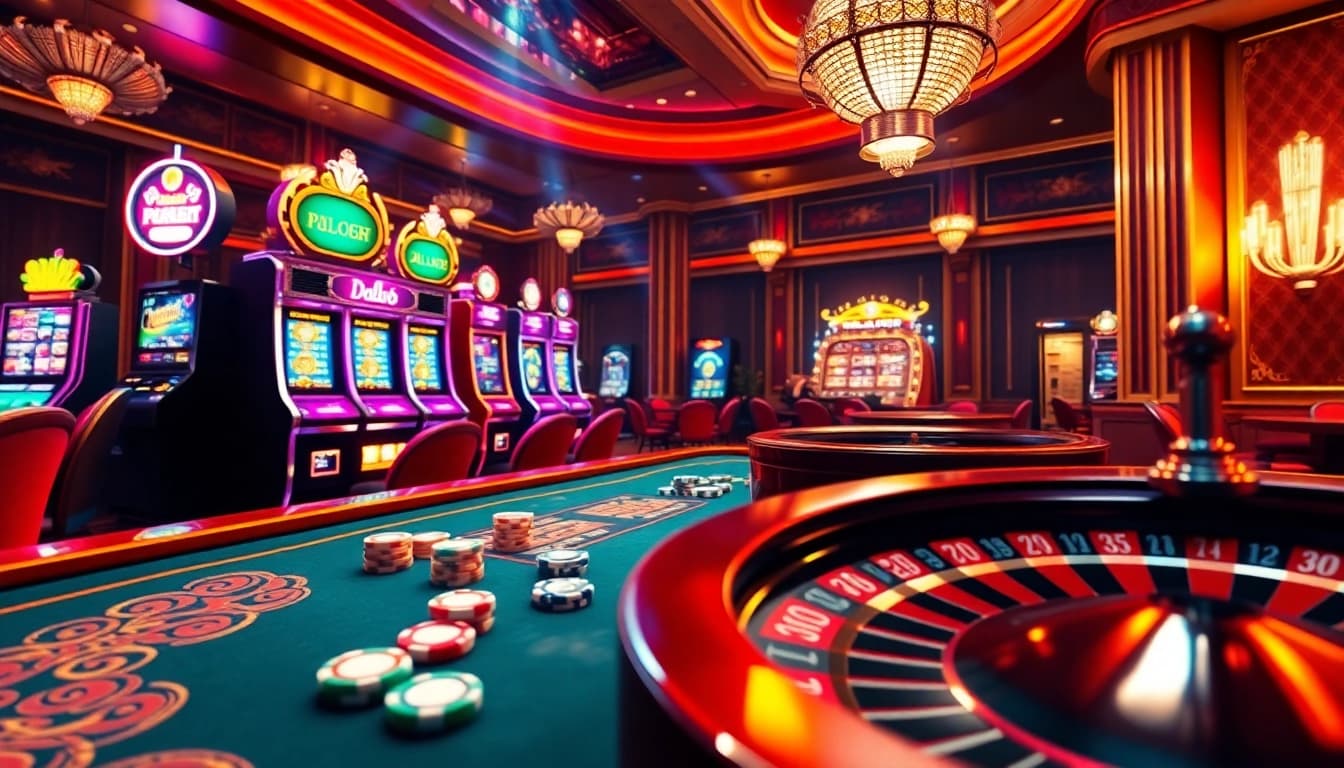 Experience the excitement of ALo789 through a vibrant casino scene with dynamic gaming elements.