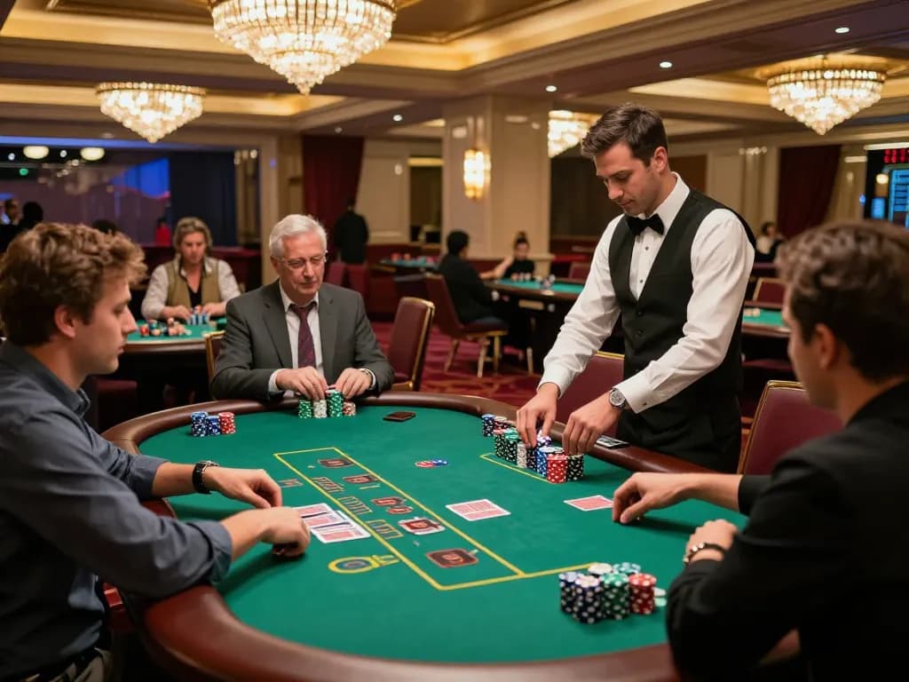 Players at 23winn enjoy intense blackjack moments in an upscale casino setting.