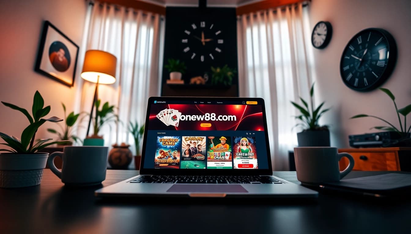 Experience the excitement of online gaming with onew88.com in a modern home office setting.