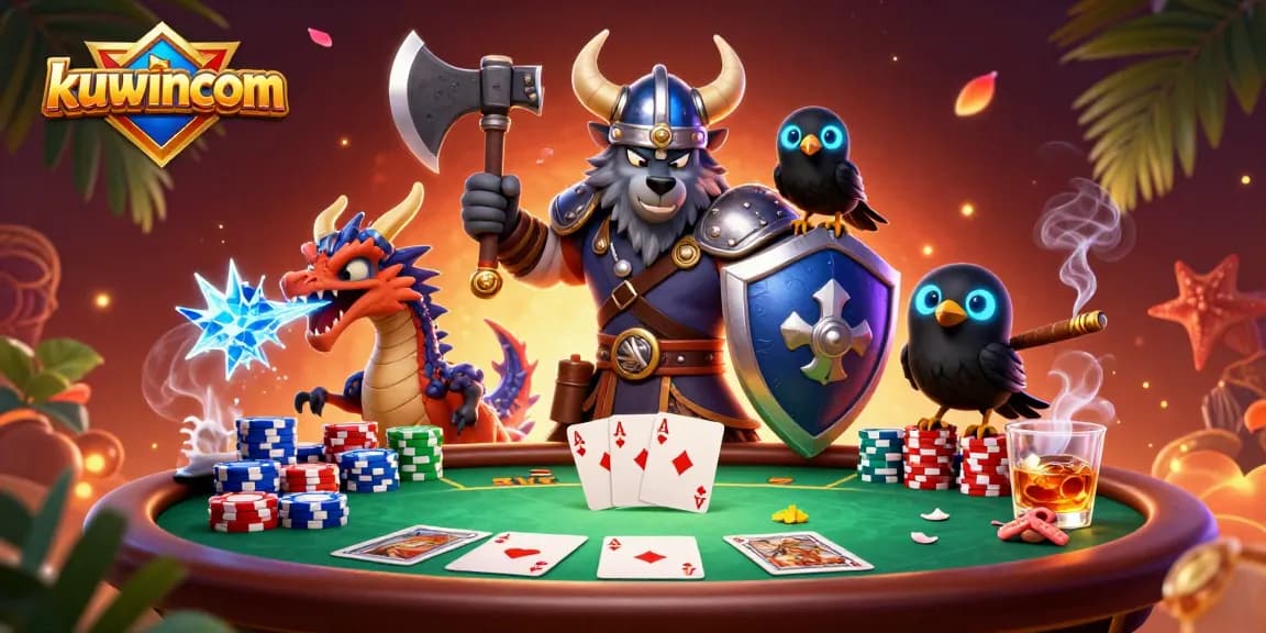 Exciting gameplay at kuwincom with a Viking wolf warrior, dragon, and poker chips.