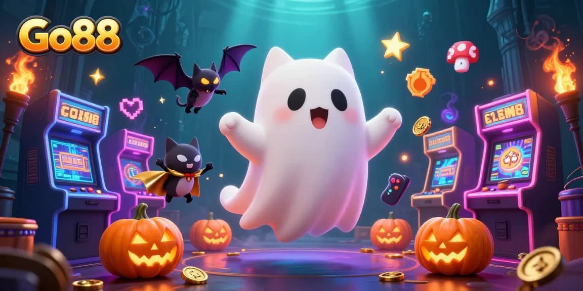 Spin winning jackpots at Go88 with a friendly ghost cat and vampire bat in a vibrant casino scene.
