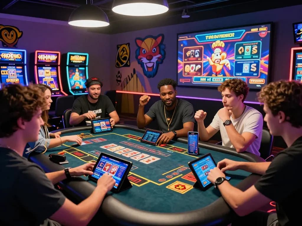 Dynamic atmosphere of players enjoying casino games on 789club platform with vibrant graphics and engaging environment.