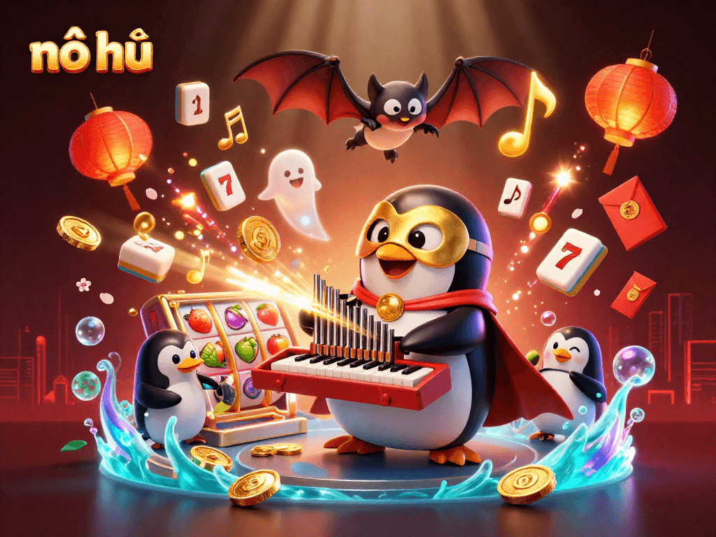 Experience nổ hũ excitement with golden coins and vibrant slot action in a dynamic casino scene.