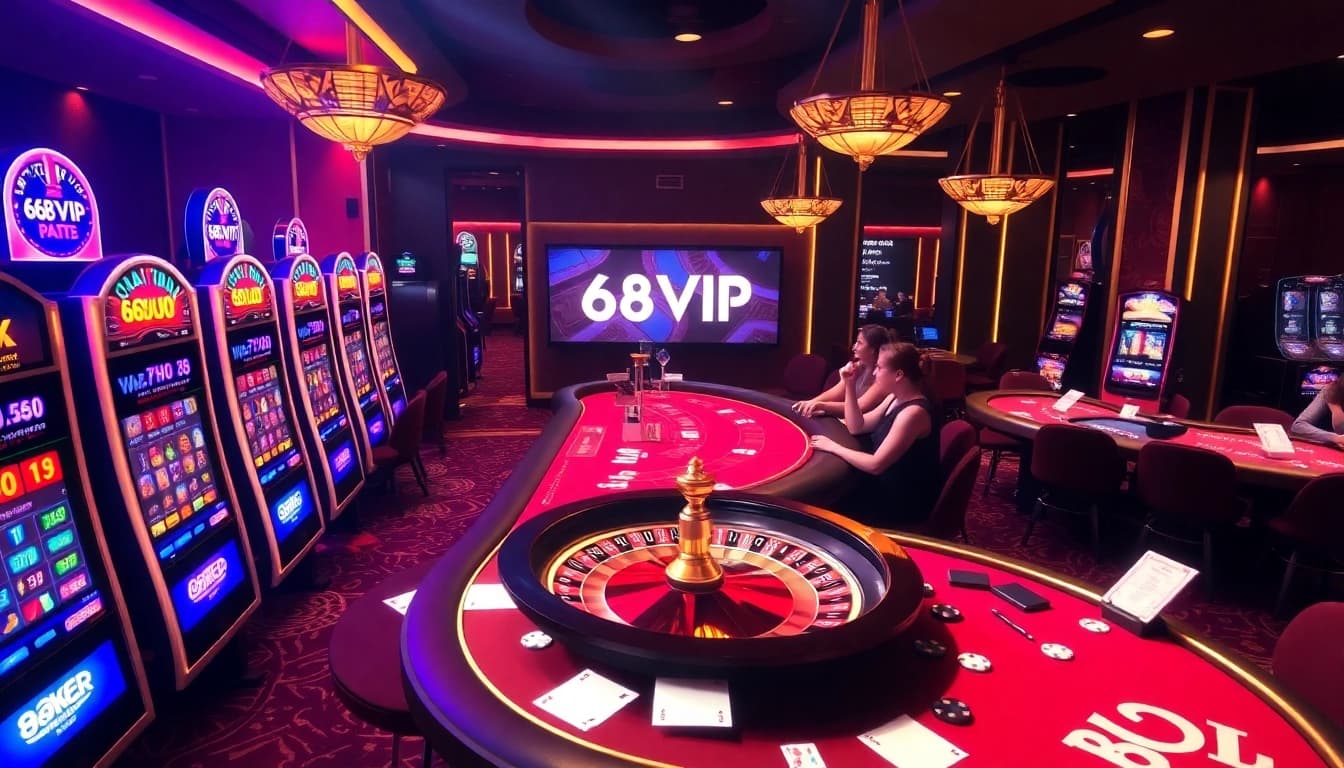 Exciting gaming atmosphere at 68VIP with slot machines, roulette wheel, and engaging players.