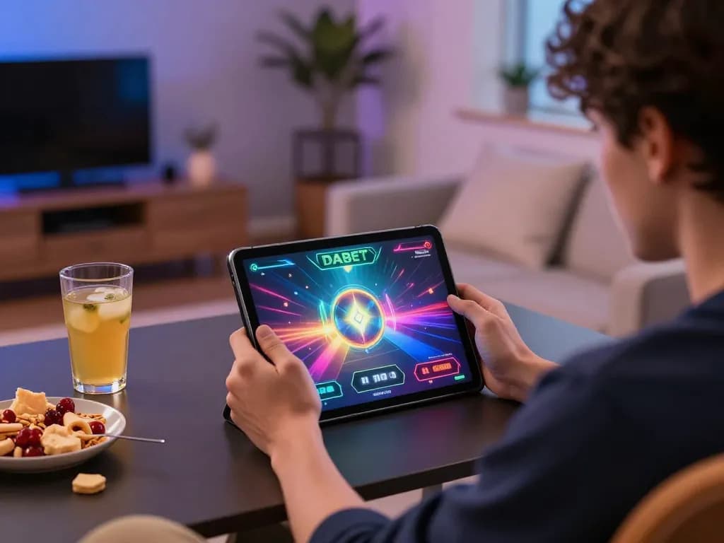 DABET tablet gaming experience showcasing vibrant game interface and cozy home setting