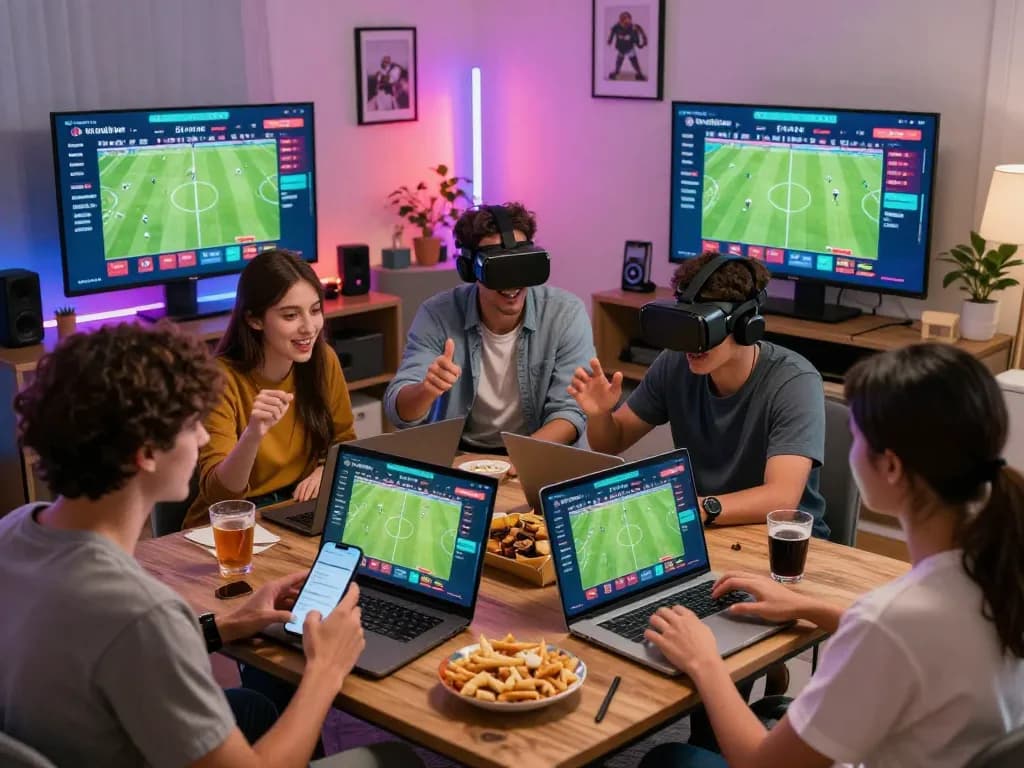 Engaged users exploring tỷ lệ kèo bóng đá on vibrant online betting platform with devices and sports stats.