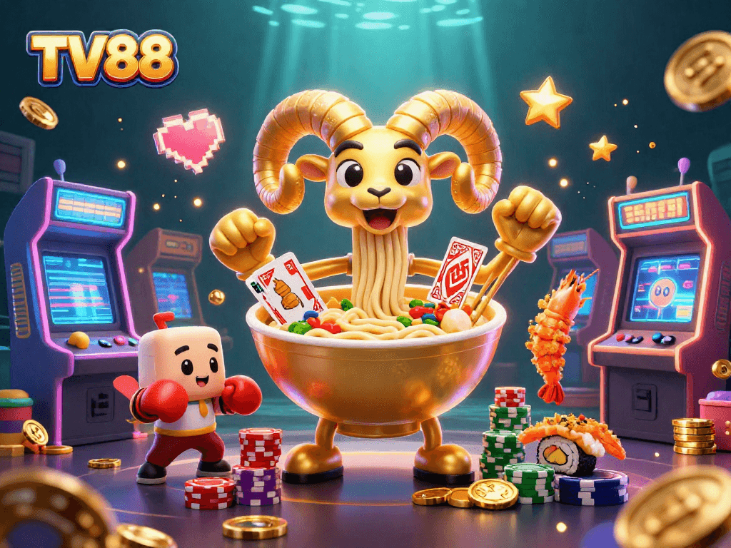 Engage in exciting games at TV88, featuring a vibrant 3D casino scene with unique characters.