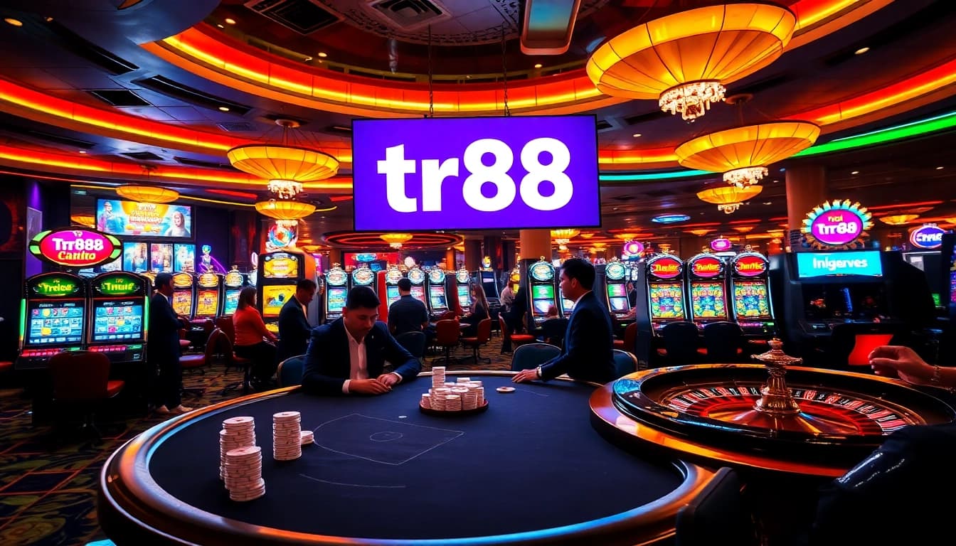 Experience thrilling games at TR88 Casino, featuring poker, slots, and roulette under vibrant lights.