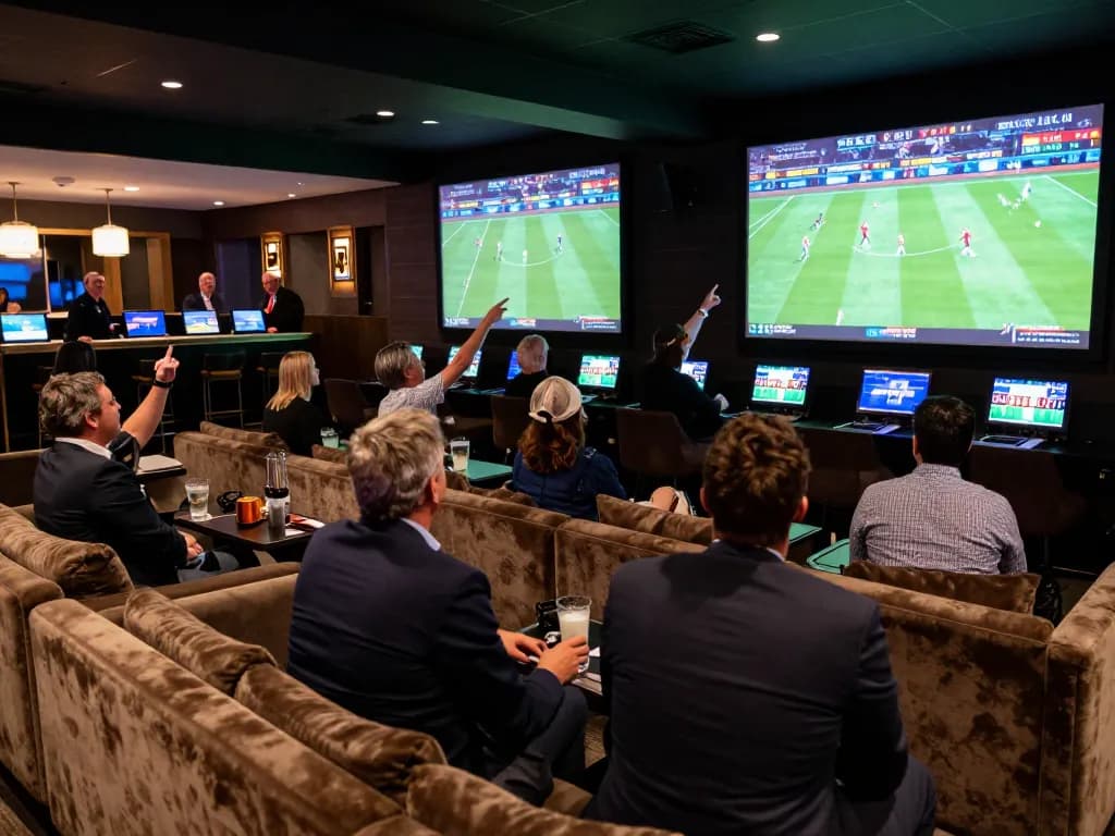 Bongdalu sports betting lounge with fans passionately following live football matches on large screens