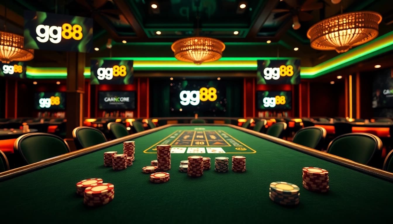 Engaging casino scene with poker table featuring gg 88 logo, chips, and vibrant atmosphere.