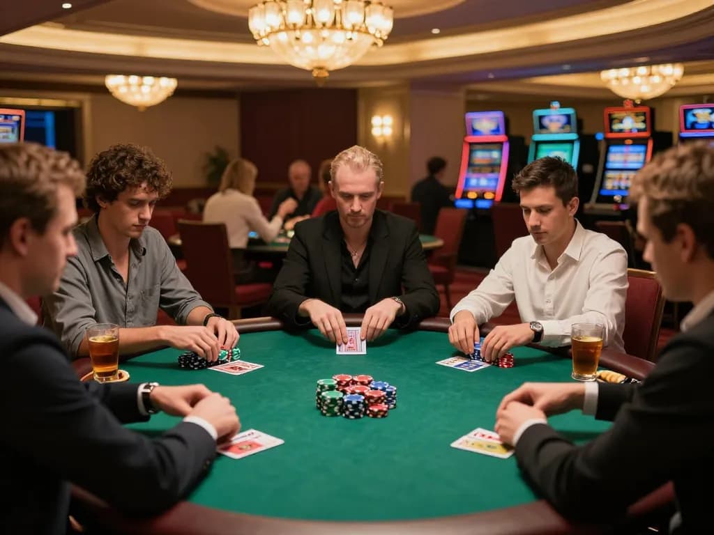 Players engage in a strategic poker game at nhà cái jun88 casino, showcasing a competitive atmosphere.
