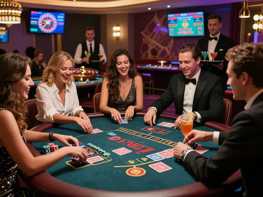 Friends enjoying an evening at the RED88 casino, playing vibrant table games and sipping cocktails.