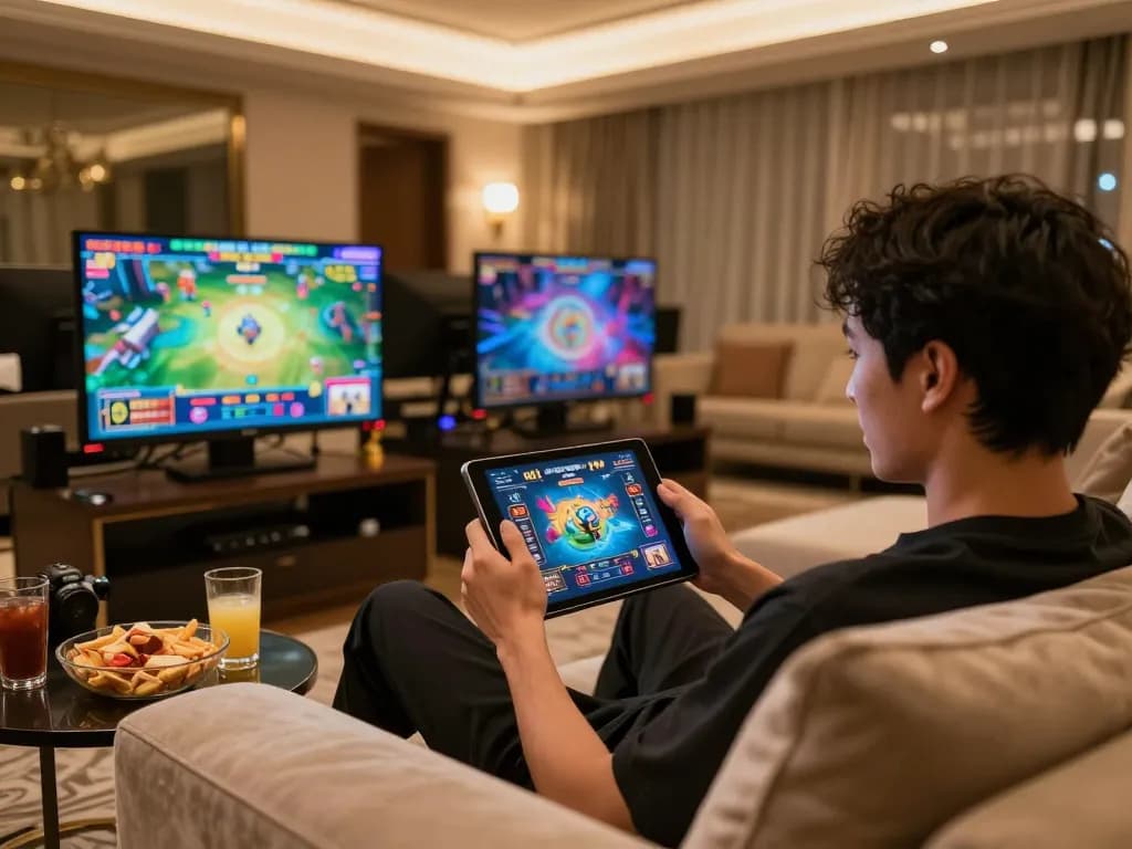 Engaged player at kkwin casino using tablet for online gaming experience.