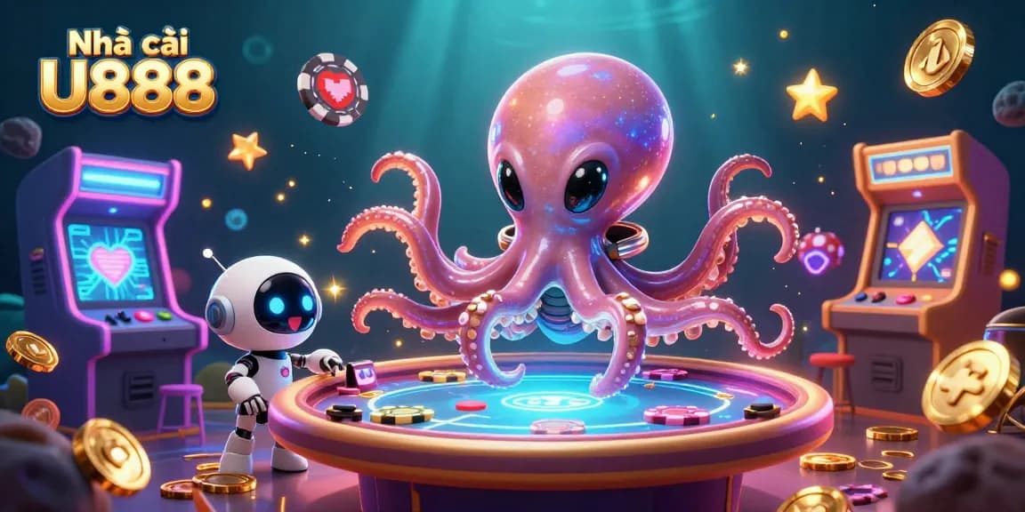 Engage with Nhà cái U888 at a vibrant cosmic poker table led by a whimsical alien octopus.