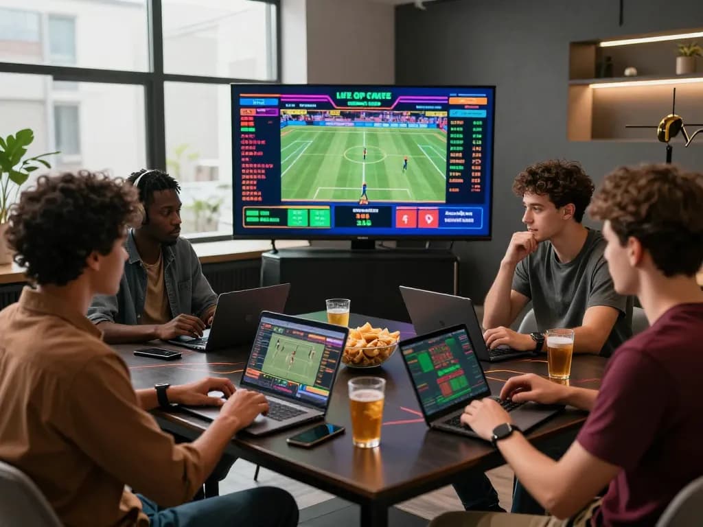 Engaging online gambling moment with rikbet theme, showcasing a group of friends betting on live sports, modern setup, and lively atmosphere.