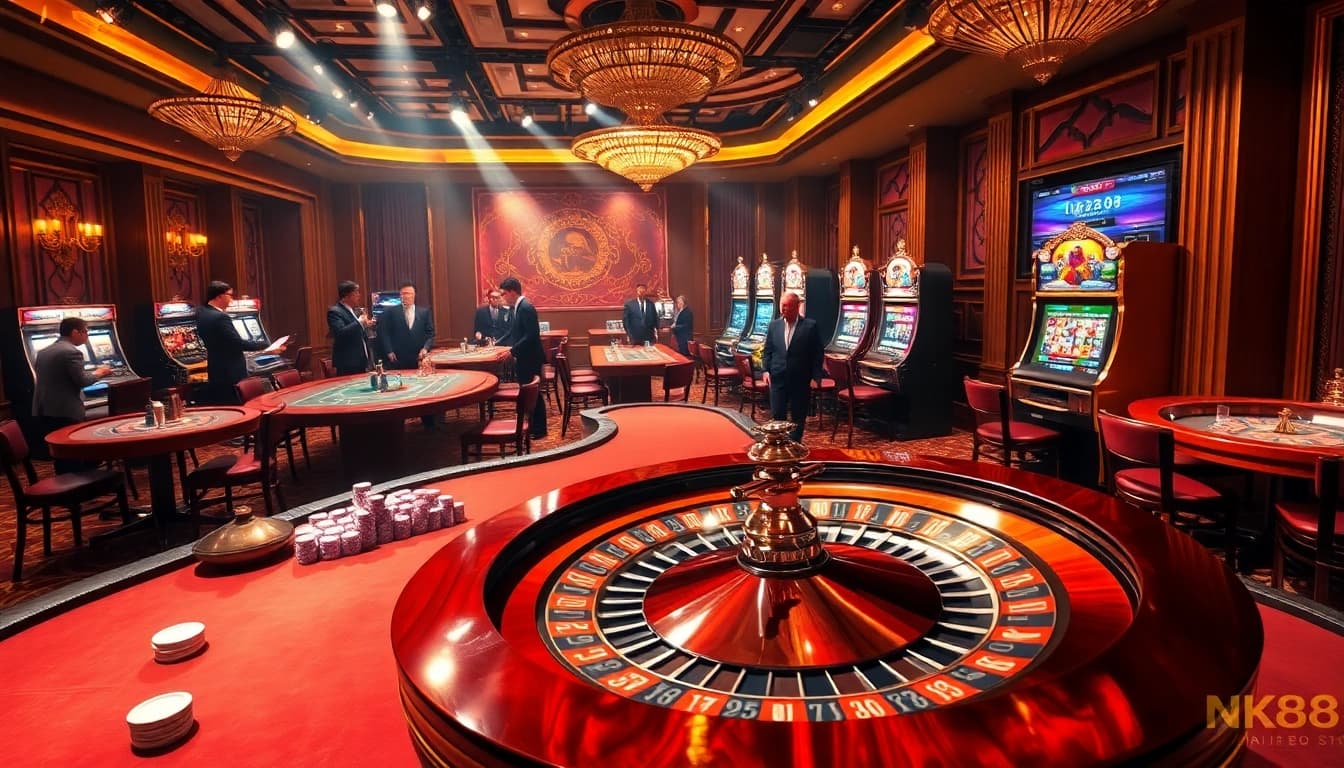 Engaging scene showcasing the luxury of trang chủ NK88 casino, with roulette and poker chips.