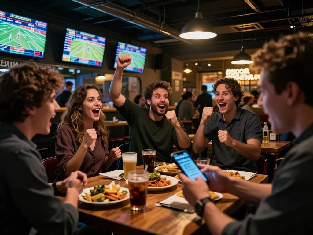 Fans celebrating a win while placing bets on fb88.com in a lively sports bar atmosphere