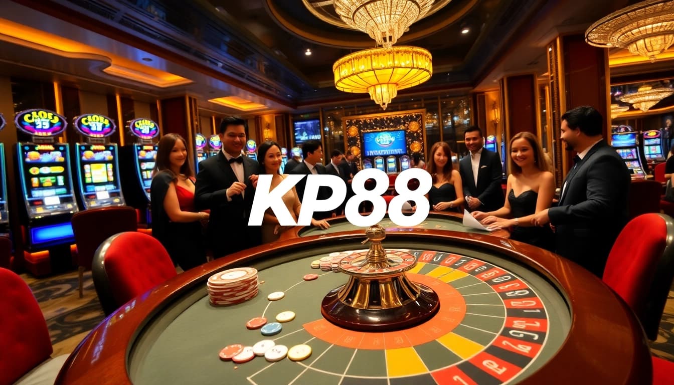 Players enjoying a vibrant KP88 casino atmosphere with poker chips and roulette.
