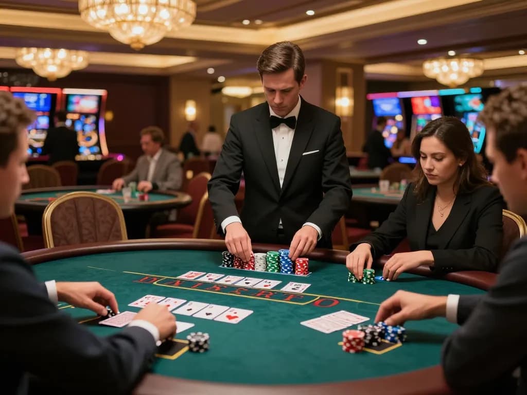 Engaged players strategizing at a blackjack table in a vibrant da88 casino atmosphere.