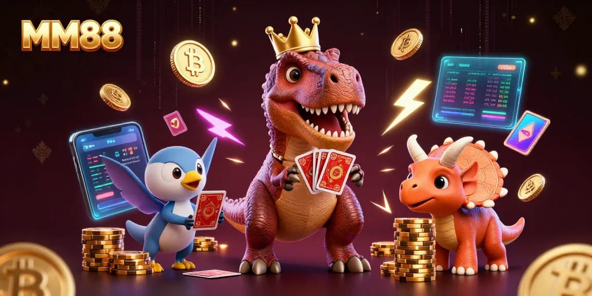 Play exciting games at MM88 with friendly dinosaurs and crypto elements in a vibrant casino scene.