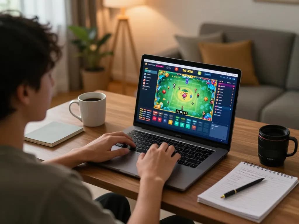 Engaging in game tài xỉu on a laptop, highlighted by a cozy home setting with strategy notes.