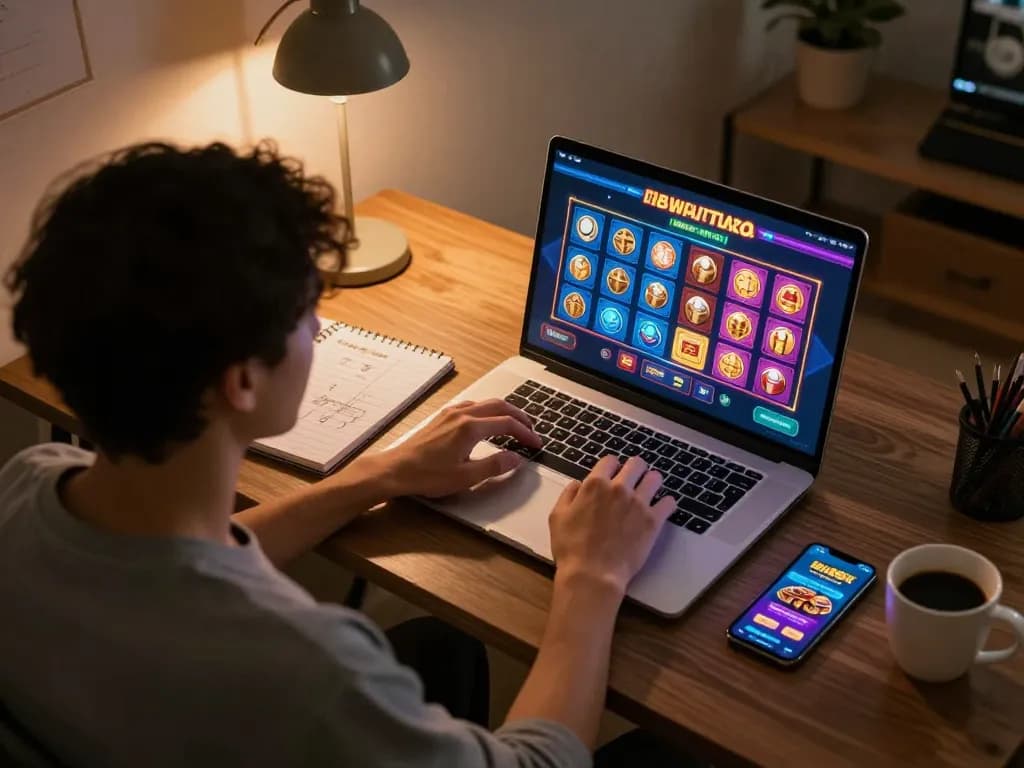 Player strategizing for online gambling at hay88x while reviewing notes and game interface.