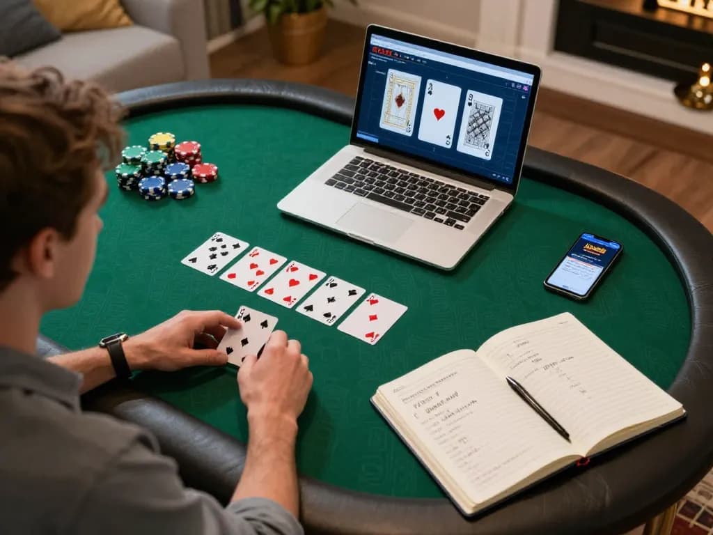 Engaged player strategizing in an online poker game at jjun88 with colorful chips and cards.