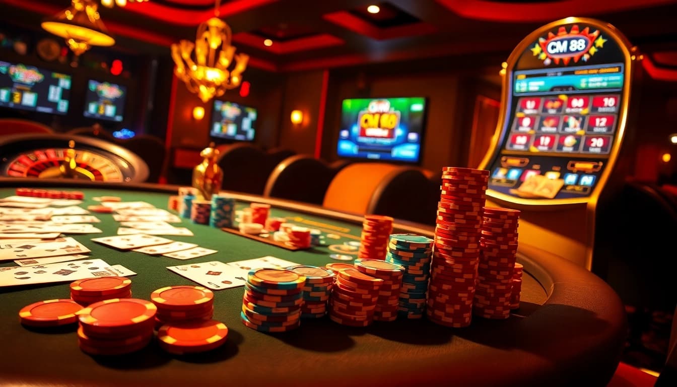 Engaging casino scene featuring CM 88-themed poker games with vibrant chips and spinning roulette.