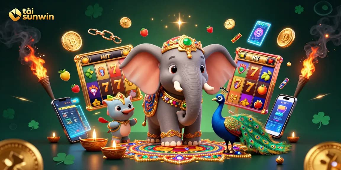 Engage in slot gaming with tải sunwin through an energetic, colorful 3D illustration brimming with excitement.