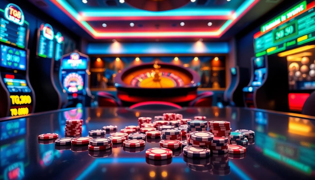 Experience the thrill and luxury of tg88 com with an exciting online casino scene featuring poker chips, roulette, and slot machines.