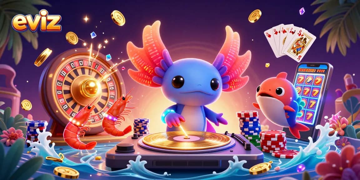 eviz powers a vibrant casino scene with neon characters amid cascading coins and game elements.